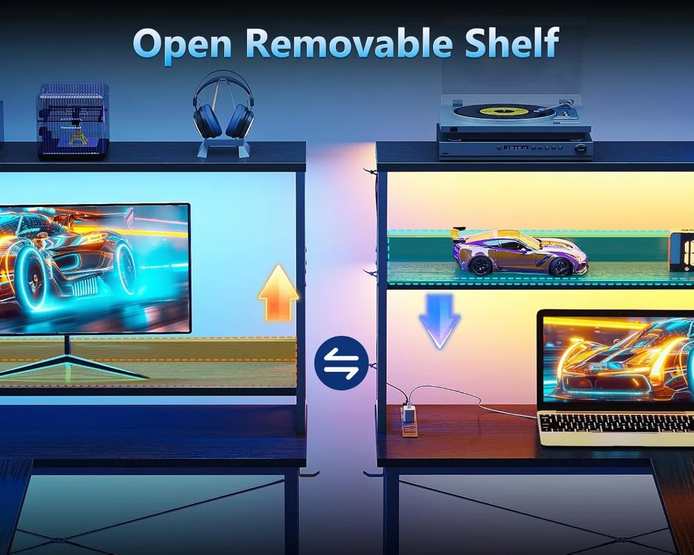 مكتب ألعاب على شكل حرف L قابل للعكس مقاس 43 بوصة مع منافذ طاقة وأضواء LED وأرفف تخزين للمكتب المنزلي #6