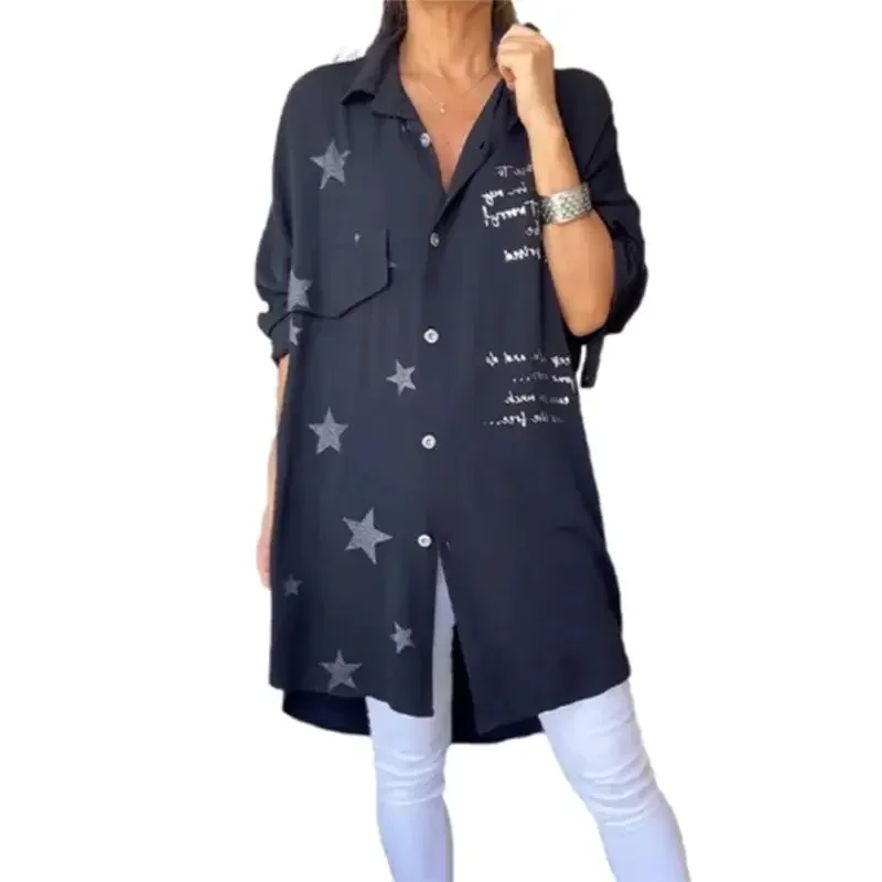 Elegant Star Text Print Long Denim Jacket Women Lapel Single-breasted Cardigan Loose Thin Outerwear Female Commuter Casual Wear