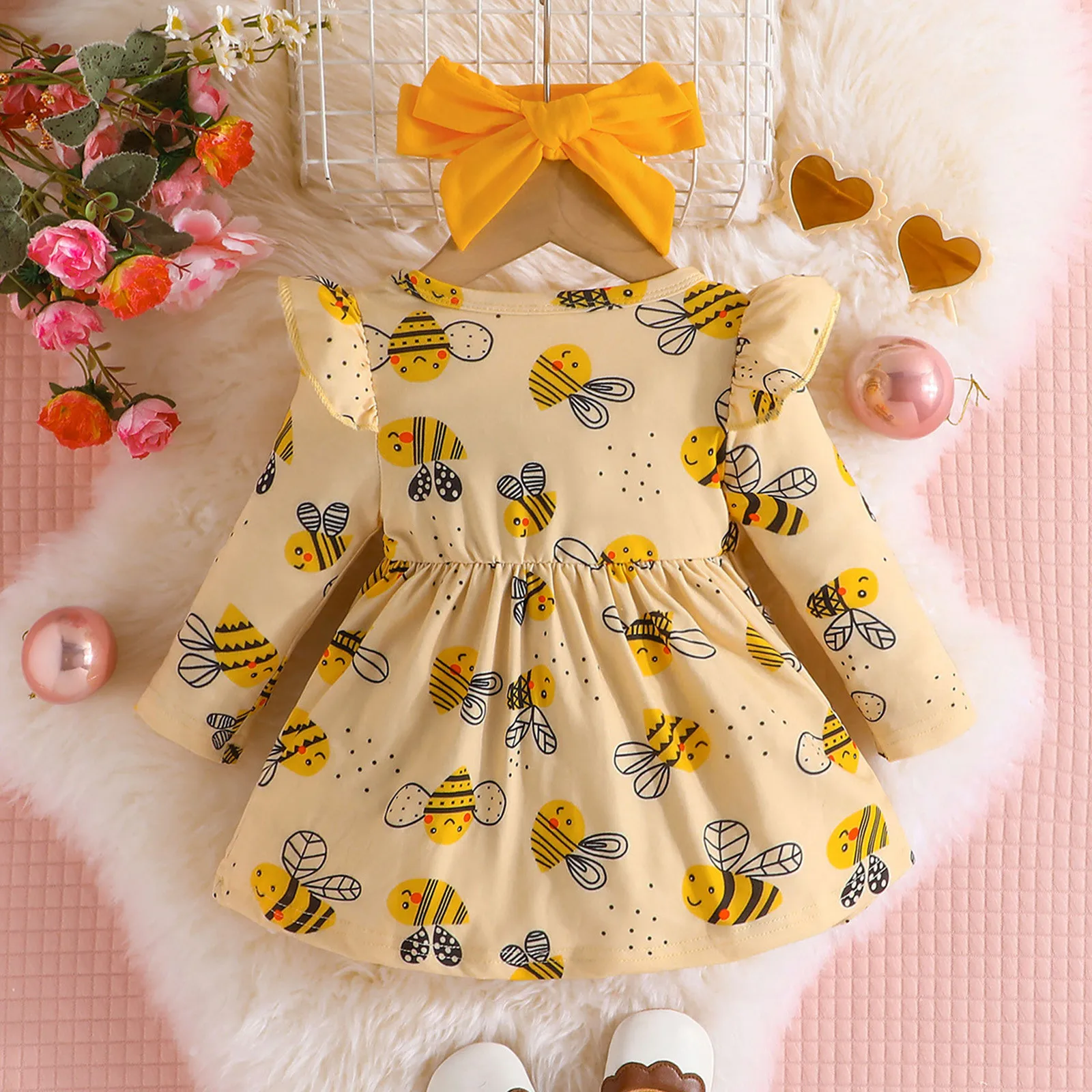 0-24M Infant Baby Girls Cartoon Prints Bowknot Princess Dresses With Headband 2024 Spring Long Sleeve Cute Birthday Party Dress