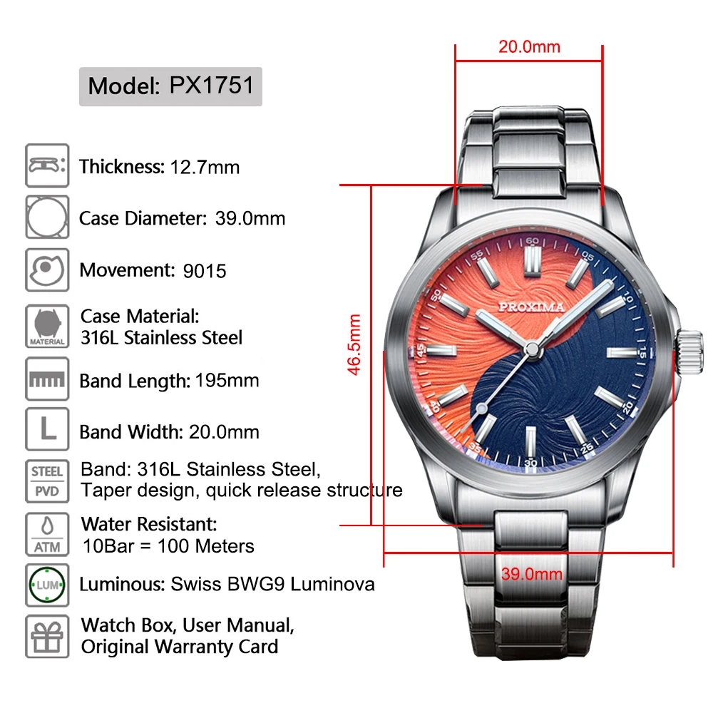 PX1751 Luxury Automatic Mechanical Wristwatches Sapphire Crystal Tai Chi Bagua Heaven and Earth Dial 10Bars Waterproof Clock