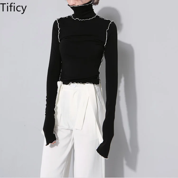 

TIFICY 2024 Women's Personalized Contrast Colored Lace High Neck Ultra Long Sleeves Slim Fit Short Bottom T-shirt 2-color