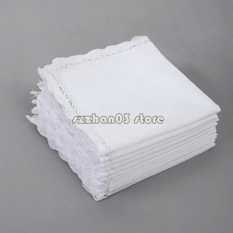 

367C Multipurpose White Cotton Handkerchief Elegant Lace Detail Lace Wedding Hankies