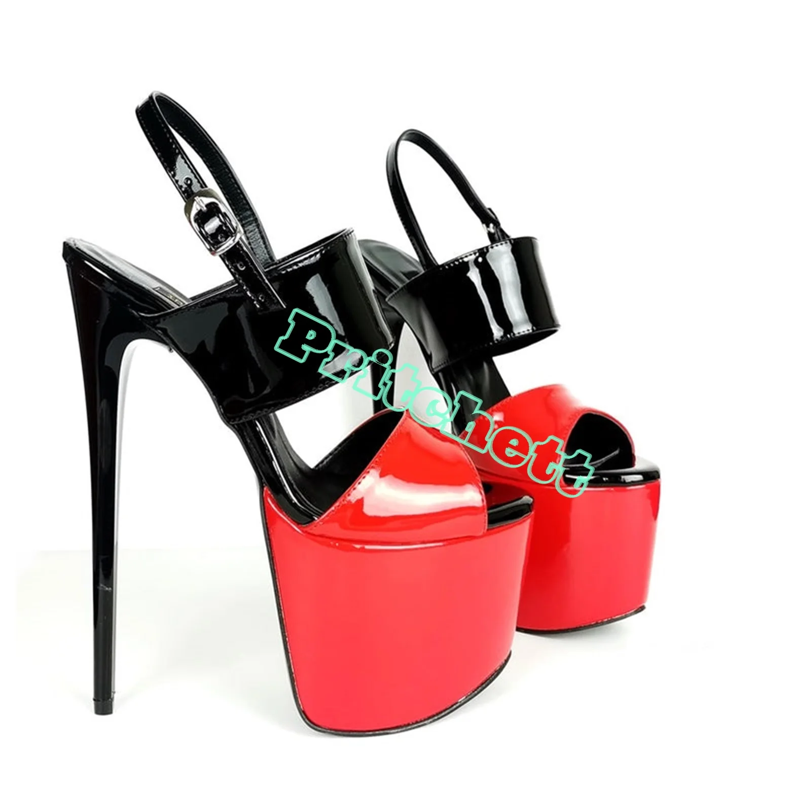 Red Black Leather Platform Super High Heels Sandals Sling Back Sandals Women Stilettos Round Peep Toe Ankle Strap Buckle 2024