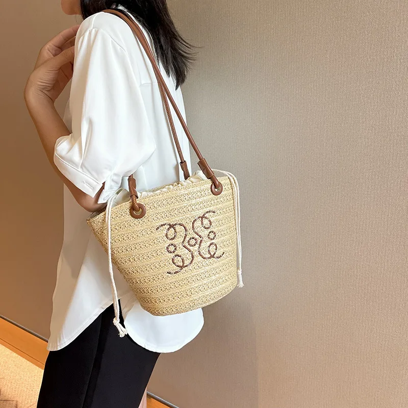 New women's festival woven shoulder straw bag letter decoration high quality summer seaside beach women's bucket bag handbag