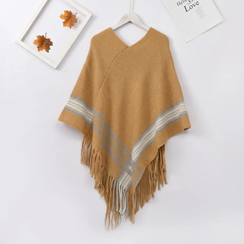 

Autumn Winter Shawl Imitation Cashmere Diagonal Stripe Pullover Warmth Tassels Woman Poncho Cape Pullover Sweater Khaki Cloaks