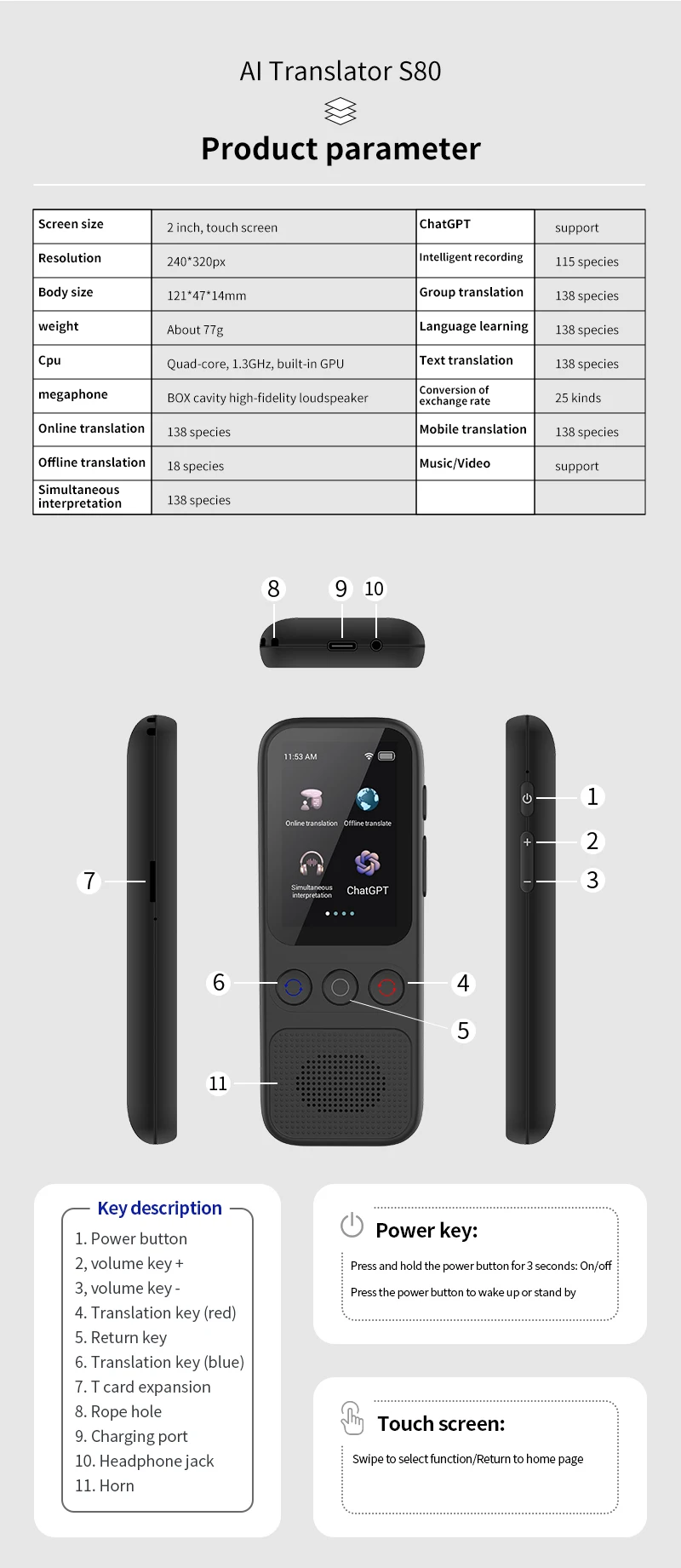 Language Translator Offline Voice Photo Translation WiFi Portable Translator 138 Languages Translator Device for Travel Business