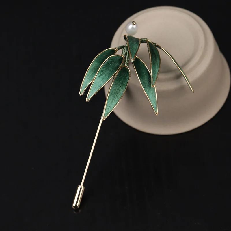 Chinese Traditional Handmade Intangible Cultural Heritage Velvet Flower Green Bamboo Brooch Pearl Decor Lapel Pin For Hanfu Cheo