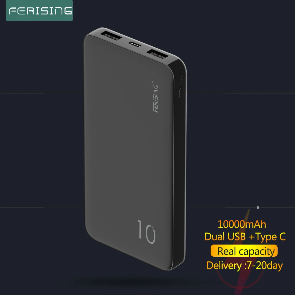 

FERISING Power Bank 10000mAh Slim Portable Powerbank 10000 mAh USB A C LED External Battery Charger Poverbank For iPhone Xiaomi