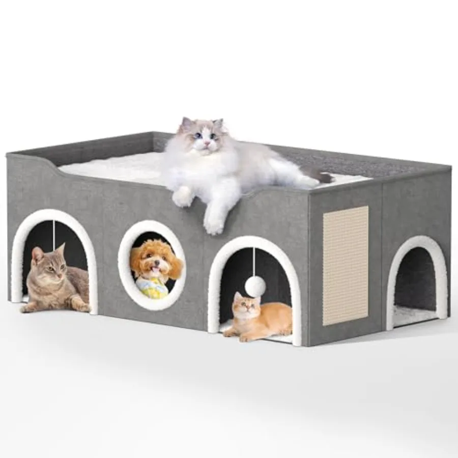 

Многофункциональный домик-лежанка для кошек с тремя отсеками, очень широкий, для нескольких кошек и щенков, большой кошачий домик-пещера с пушистым шариком