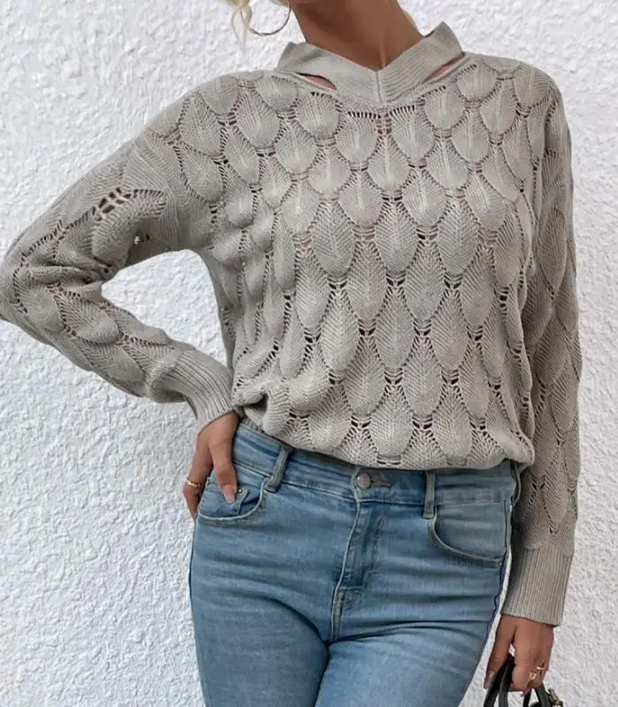 

Pullover New Hot Selling 2023 Fashion Women's V-Neck Off Shoulder Sweater Hanging Neck Hollow Out