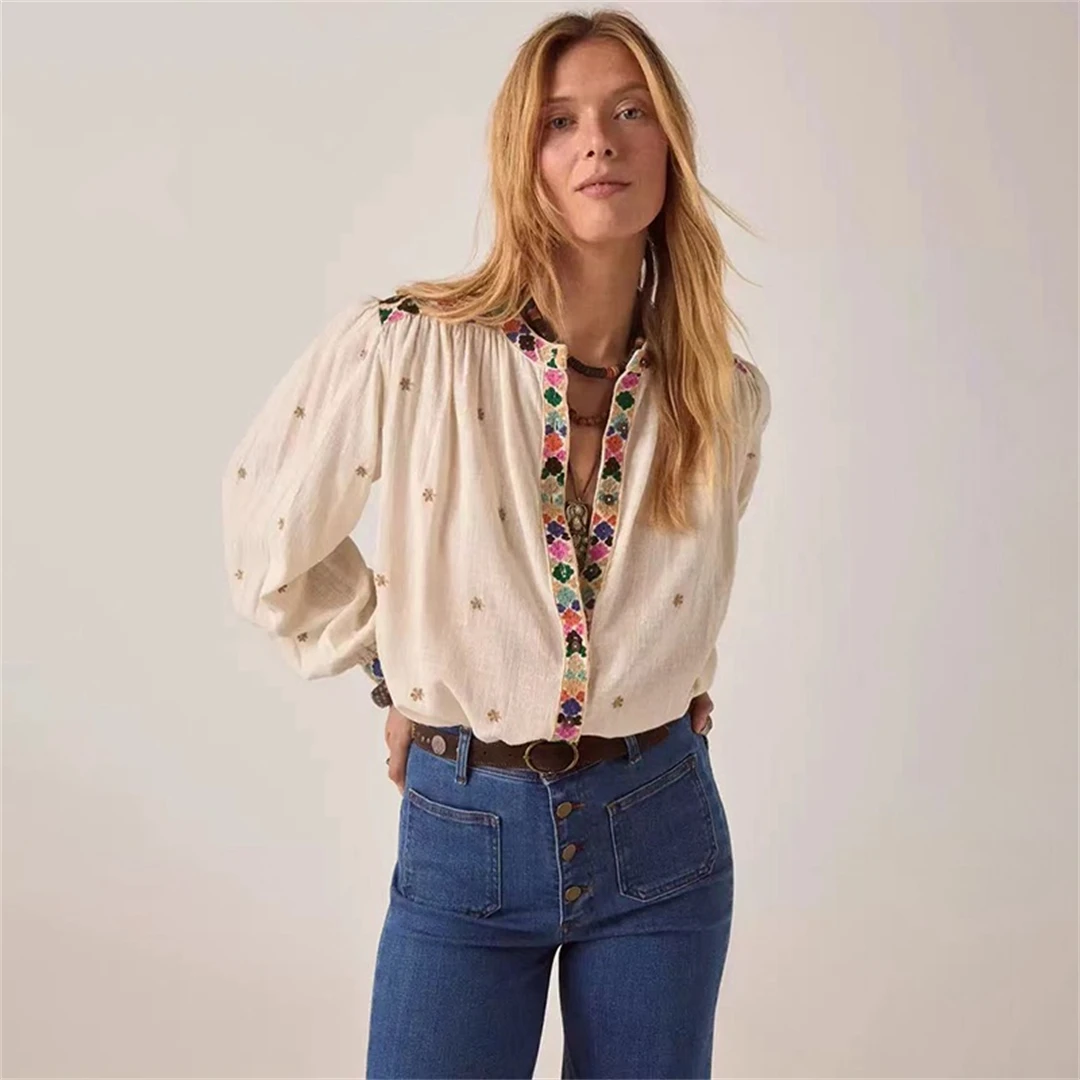 

Paris Maison Embroidered Floral Print Loose Fit Cotton Shirt Vintage Ethnic Style Women's Casual Wear Summer Season Breathable
