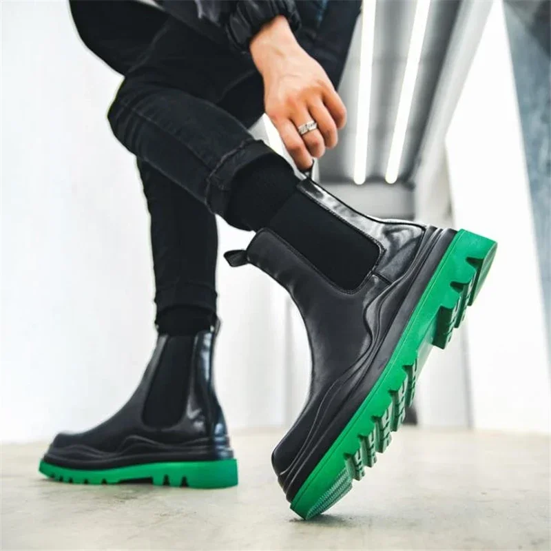 

Fashion Mens Sheoes Platform Chelsea Boots Thick Bottom Split Leather Ankle Boots Male Footwear Round Toe Short Boots