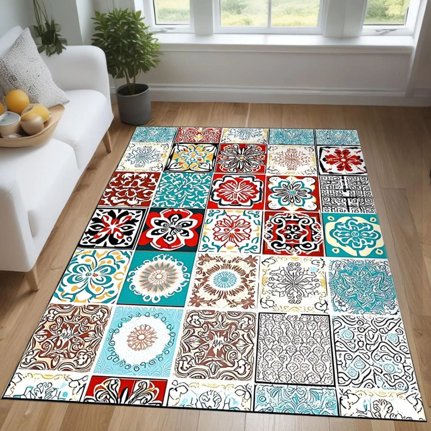 Mediterranean Tile-Patterned Carpet, Bohemian Style Mosaic Patchwork Carpet.