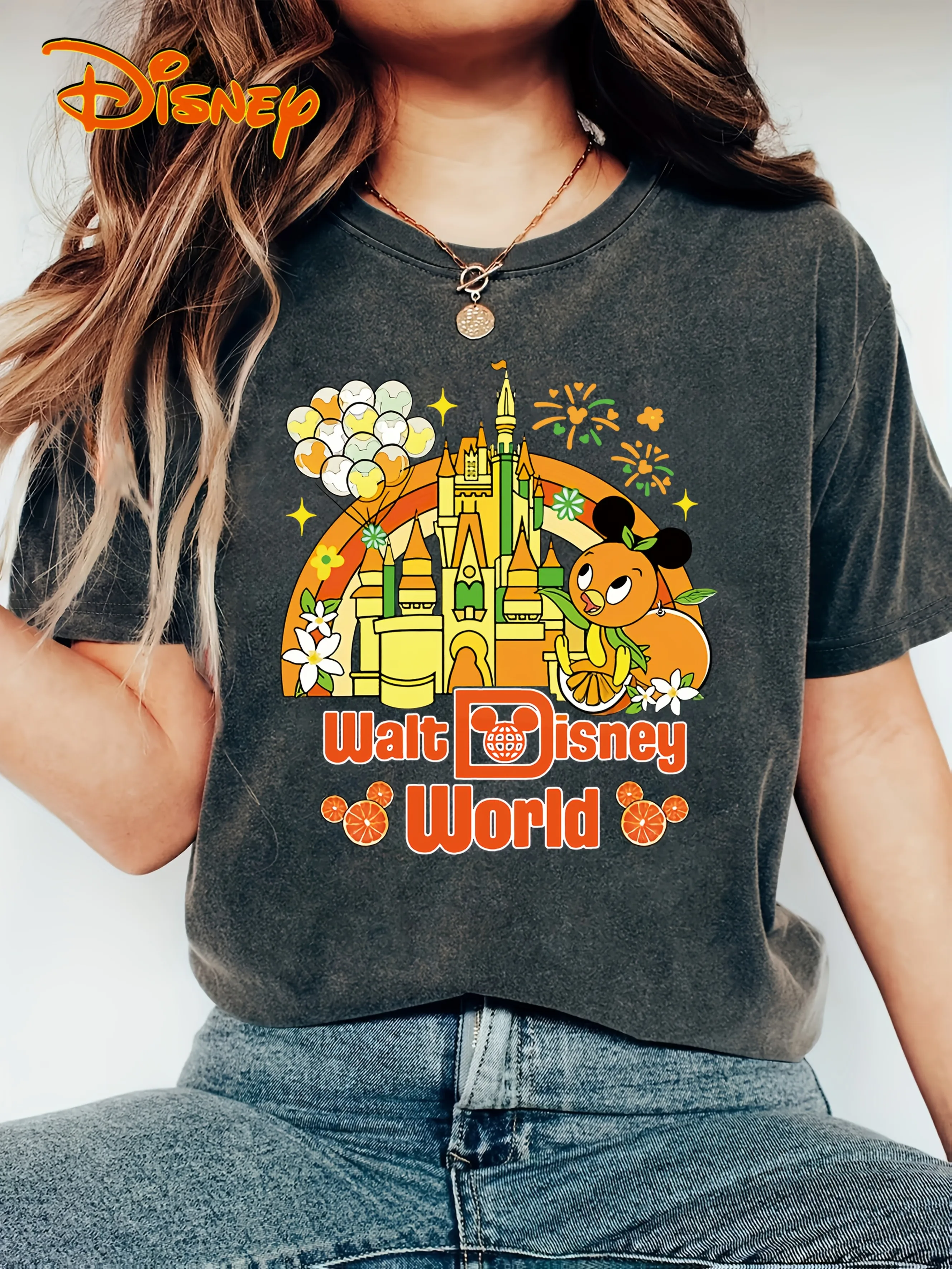 

Футболка в стиле ретро Disney, оранжевая птица и замок Золушки, мужская и женская, с короткими рукавами, с мультяшным принтом, повседневная весна и лето