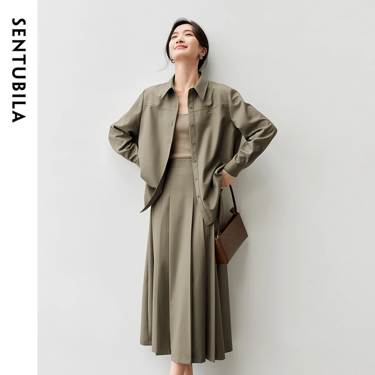 SENTUBILA Women Autumn Shirt and Skirt Sets Casual Commute 2 Piece Outfit 2024 Button Up Shirt A-line Pleated Skirt 143Z56809