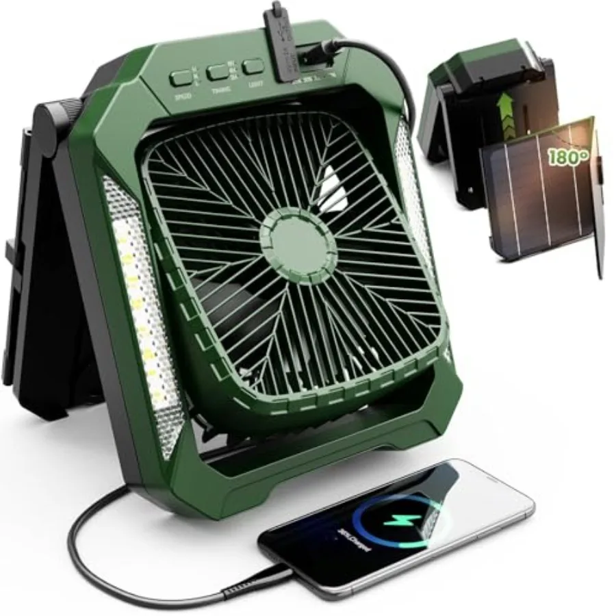 

26800mAh Portable Fan Rechargeable with 18W Detachable Solar Panel, Quiet Battery Powered Camping Fan Cordless with LED Lantern