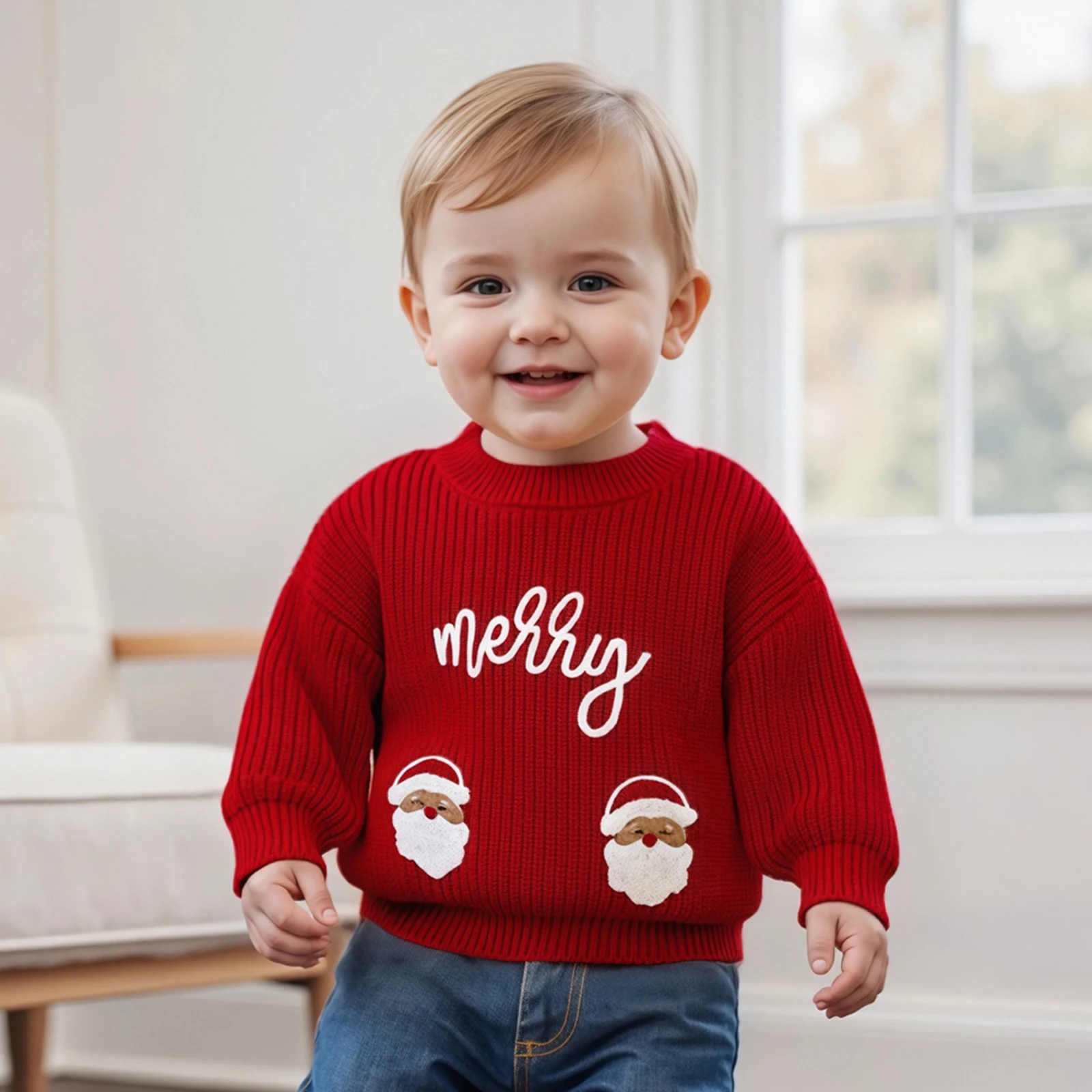 سترات عيد الميلاد للأطفال الصغار بأكمام طويلة ورقبة دائرية ومطرزة بحروف شجرة، بلوفر علوي للأطفال الصغار