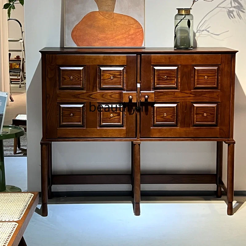 

Medieval all-solid wood dining side cabinet solid wood storage ash wood teak color porch cabinet