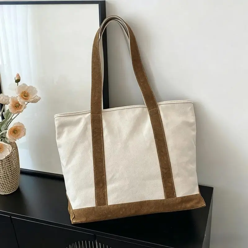 1 Stück Farbige Canvas-Tragetasche mit Verzierungen, Große Kapazität, Lässige Schulterhandtasche, Wiederverwendbare Einkaufstasche für Reisen und Outdoor-Aktivitäten – Detail 7
