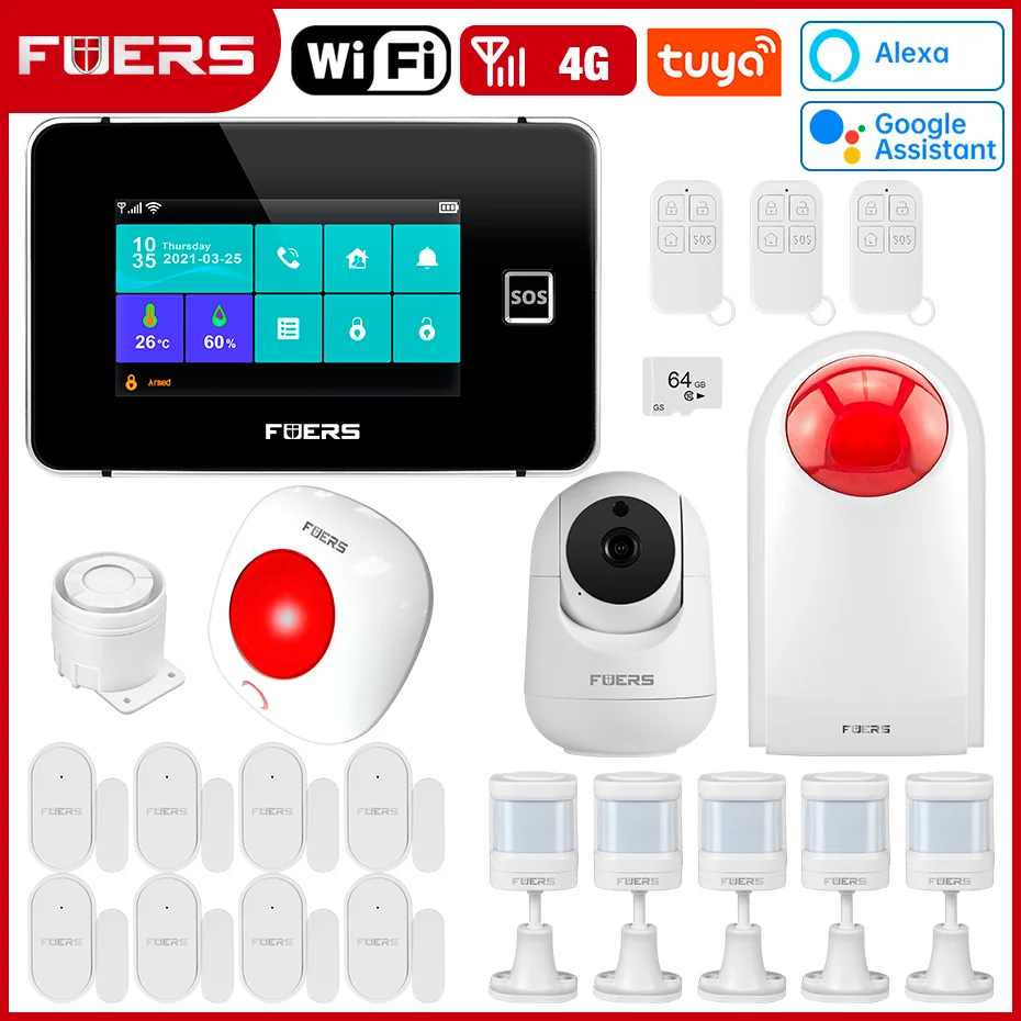 FUERS 4.3 Inch TFT Screen WiFi 4G Tuya Smart Home Security Alarm System G64B Temperature Humidity Display 433MHz Control Siren