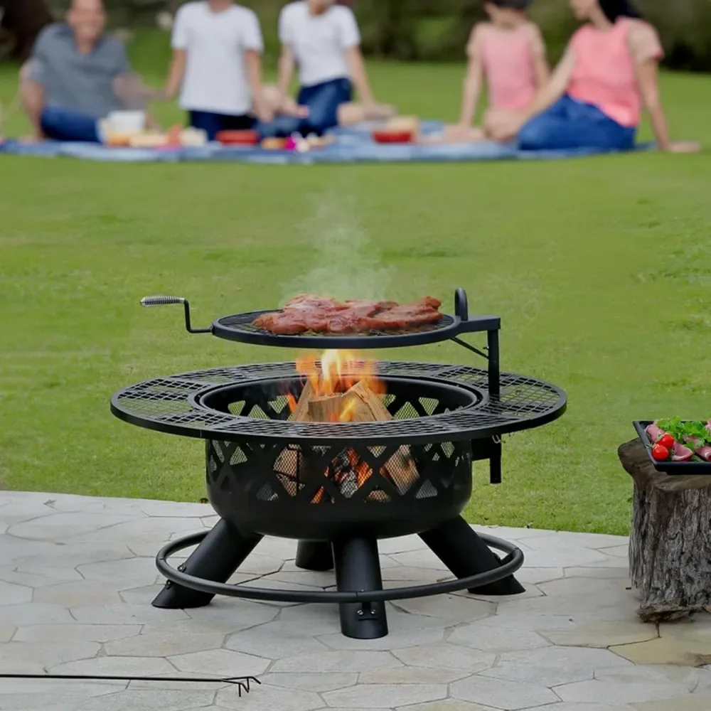 

47" Steel Ranch Wood Burning Fire Pit Round Outdoor Fireplace with Adjustable Grill Top, Safety Ring, and Cooking Grate, Black