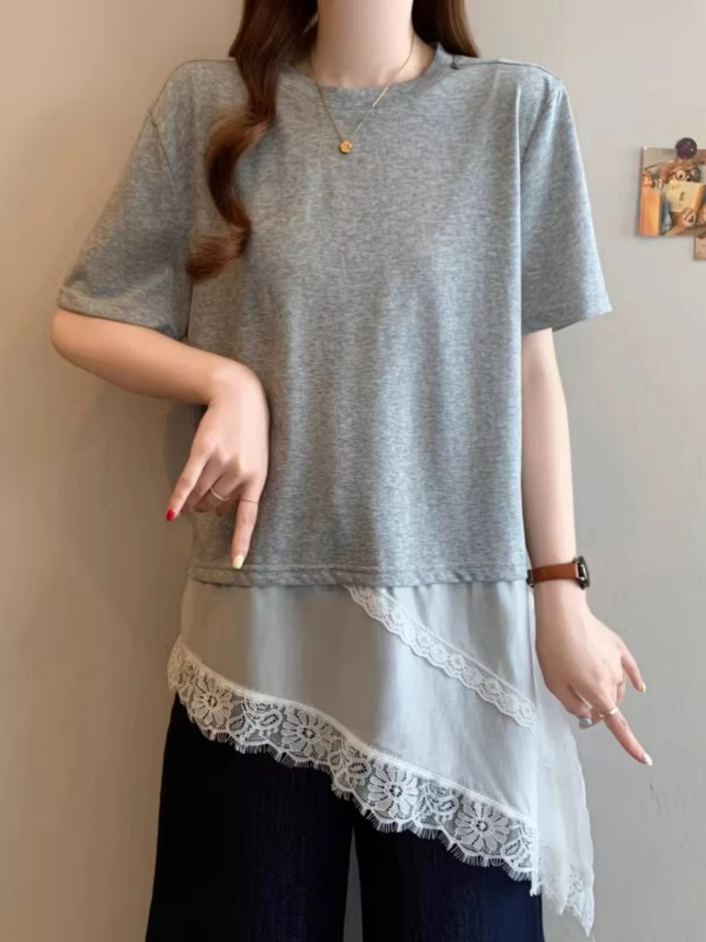 Irregular Lace Splicing Short Sleeve T-Shirt Women's Summer Base Shirt plus Size Fat MM Mid-Length Butt Covering Top