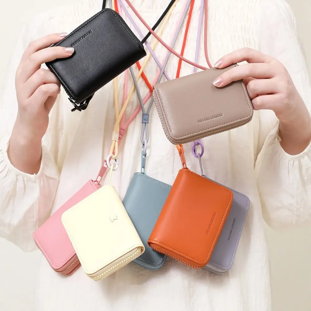 

Multi Card Slots Women Short Wallet Zipper Hand Clutch Small Cowhide Wallets Portable Solid Color Hanging Neck Coin Purse