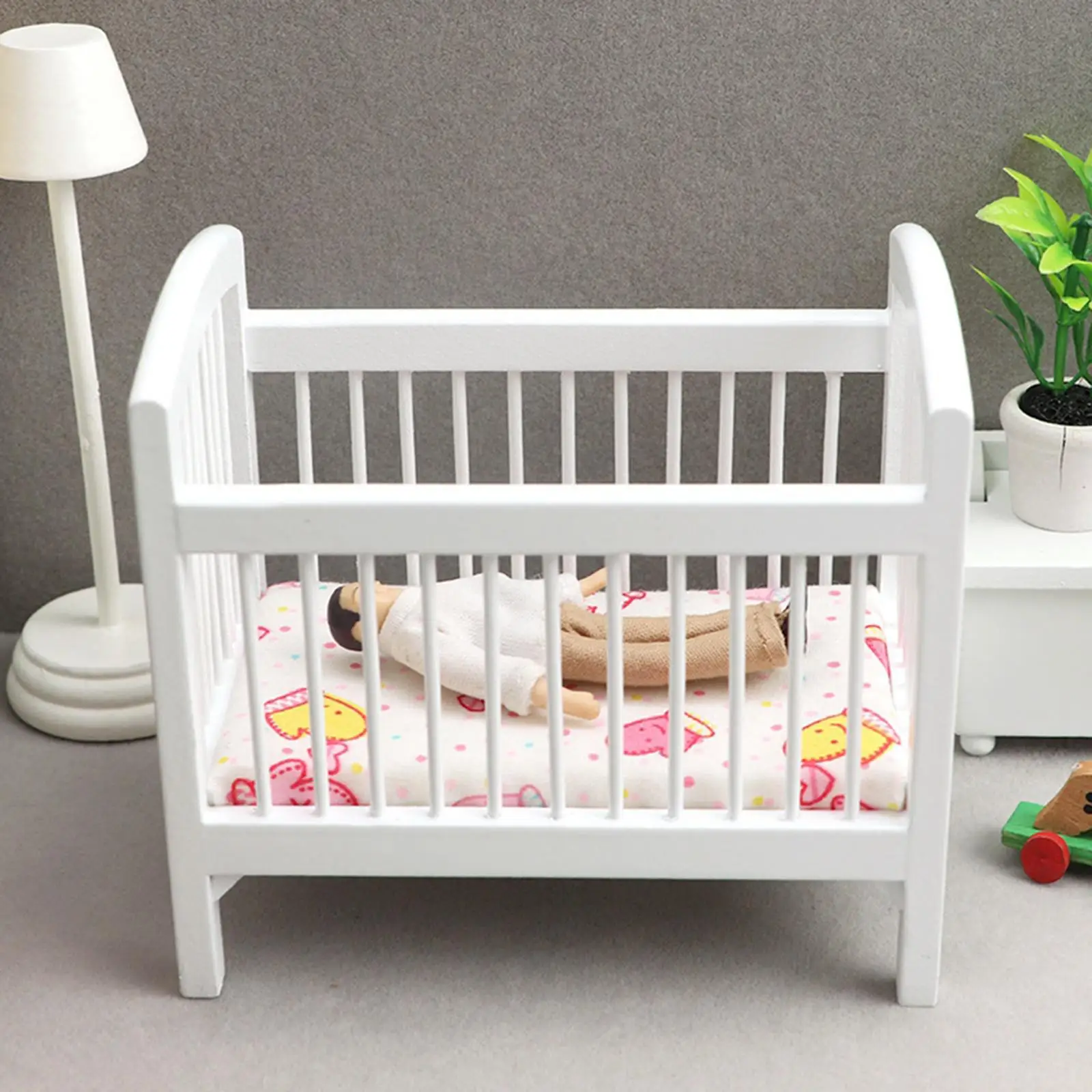 1/12 Scale Dollhouse Wooden Crib Baby Doll Cradle Simulation Furniture with