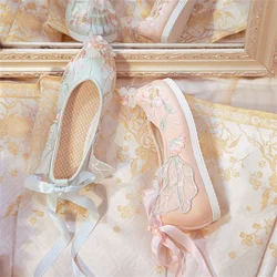 Chinese Vintage Cosplay Girls Shoes Elegant Vintage Embroidery Cameo Flower Pearls Ribbon Bowknot Gentle Sweet Hanfu Shoes