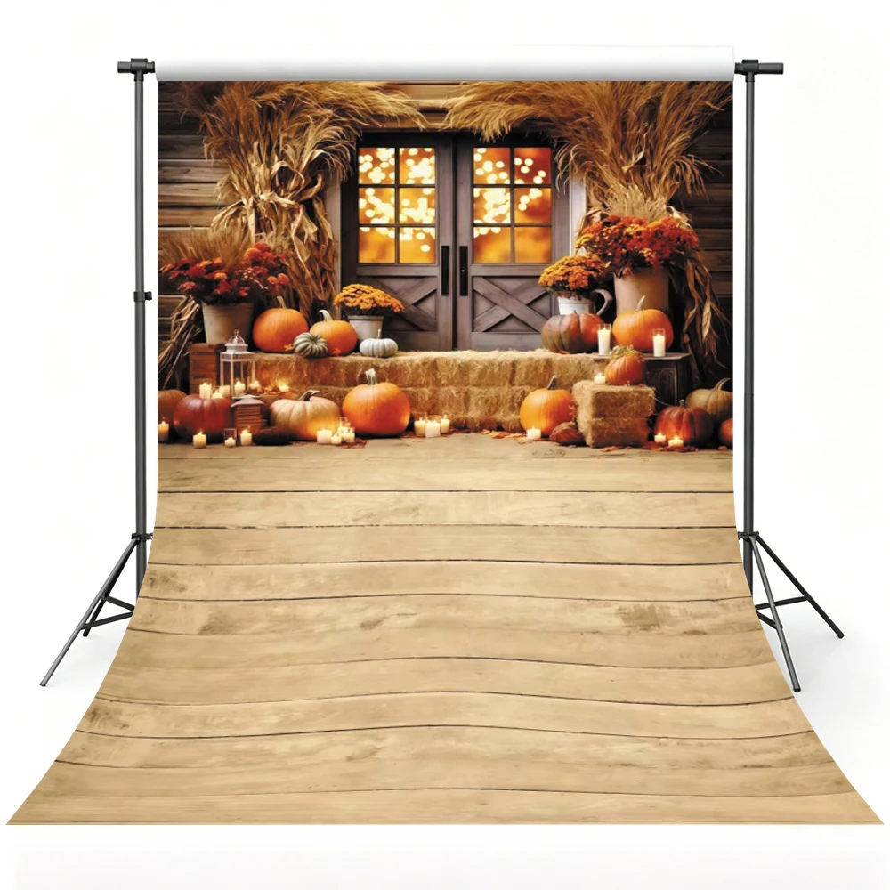 Autumn Farm Barn Haystack Wooden Floor Photography Backdrop Fall Thanksgiving Pumpkin Harvest Baby Portrait Photo Background view 2