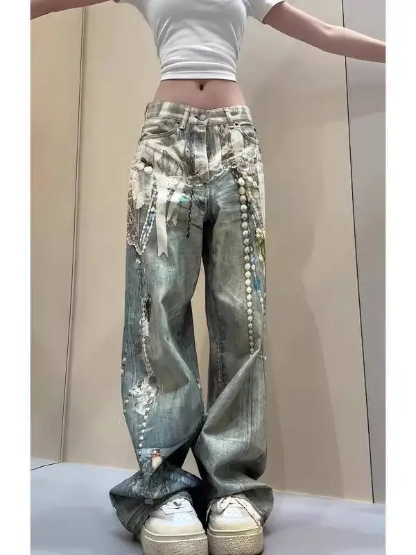 American Retro Vintage Print Street Jeans Men Women Digital 3D Chain Lace Floor-Length Pants Bell Bottoms Alternative Fashion