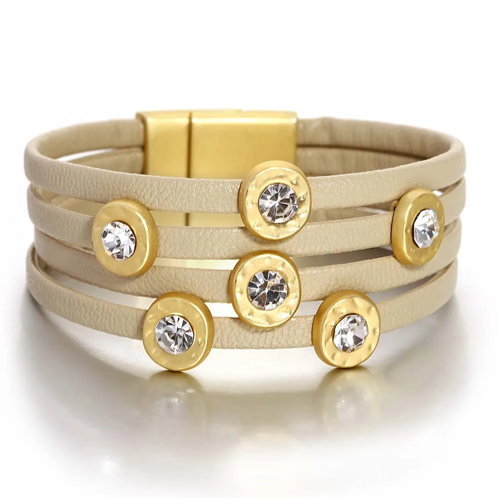 ALLYES Trendy Inlaid Rhinestone Gold Color Beads Leather Bracelet for Women Simple Multilayer Wrap Bracelets Charm Jewelry