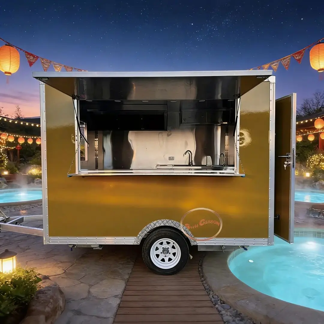 

Fiberglass Mobile Food Cart with Stainless Steel Interior Sink And Workstation Food Vending Trailer for Business Use