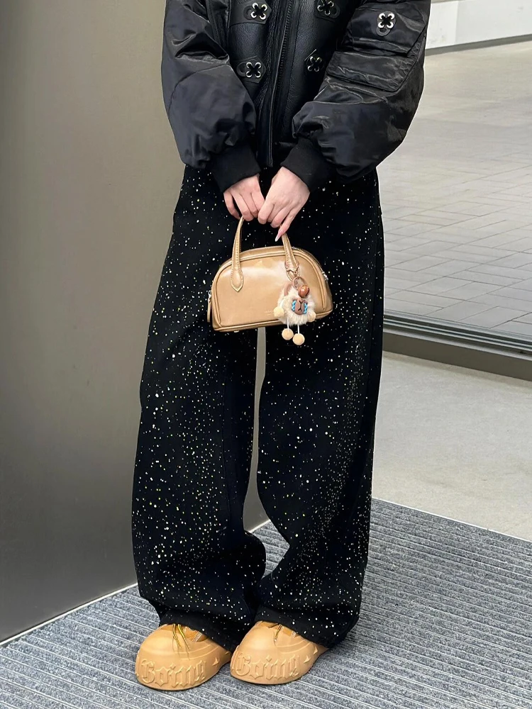 American High Street Design Starry  Bright Diamond Splicing Jeans Women Sexy Retro Fashion Match Floor-Length Pants