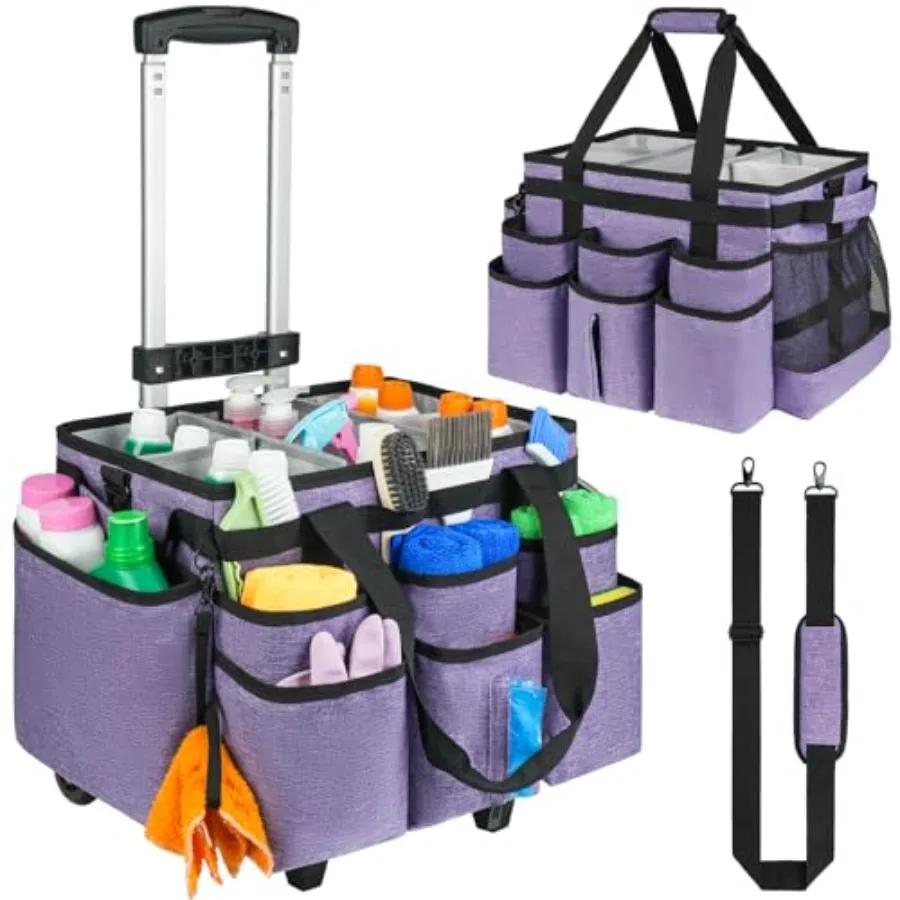 

Large rolling cleaning caddy bag with detachable trolley and wheels for easy mobility featuring a comfortable shoulder strap an