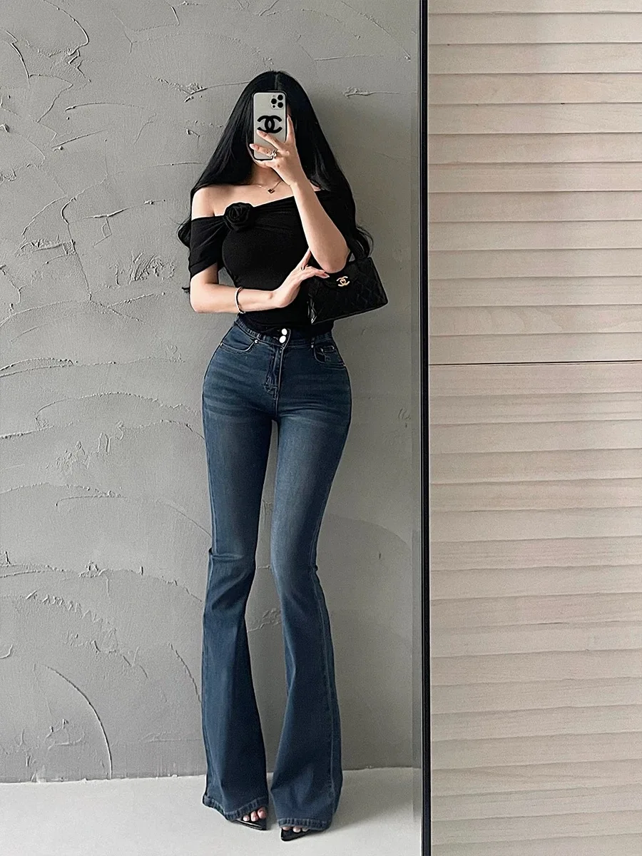 

Deep Blue High Waist Slimming Stretchy Women's Jeans Spring Autumn New Sle Two Button Bootcut Long Pants Cotton Elastic Denim