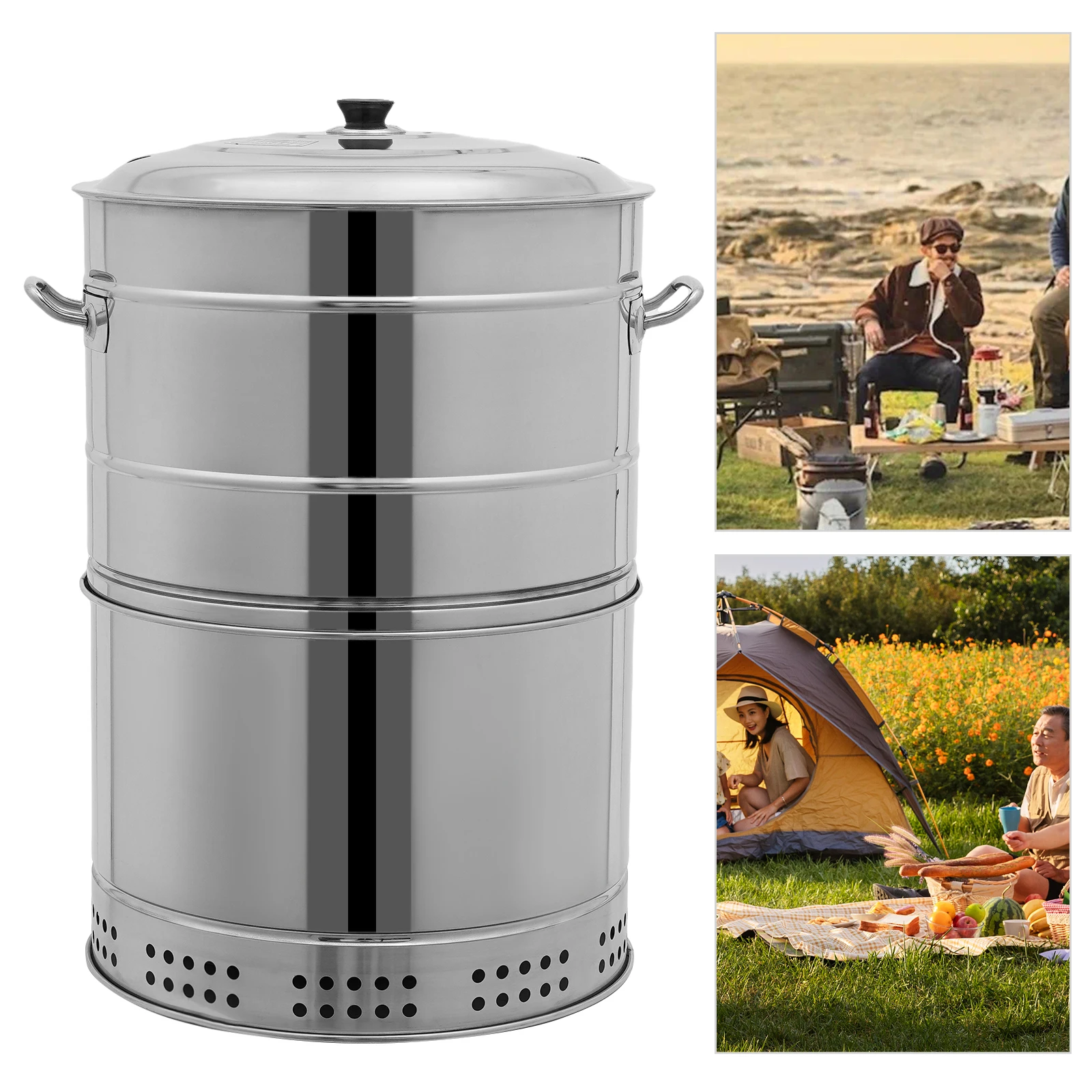 

Large Portable Smokeless Charcoal Grill - 360° Stainless Steel BBQ Barrel with 50 Skewers, for Camping,Picnics&Backyard Cooking