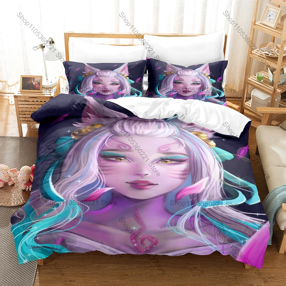 

Fantasy Game Bedding Set, Duvet Cover & 2 Pillowcases, Classic Ahri Spirit Blossom Design Comfortable Home Supplies
