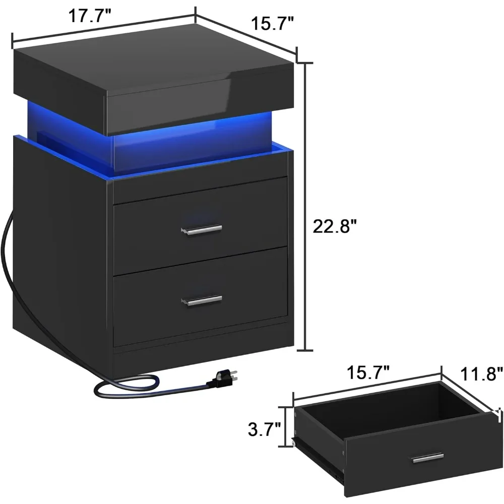 LED Nightstand with Charging Station,Smart Night Stand with Sliding Top Storage, 2-Drawers High Gloss Bedside Table