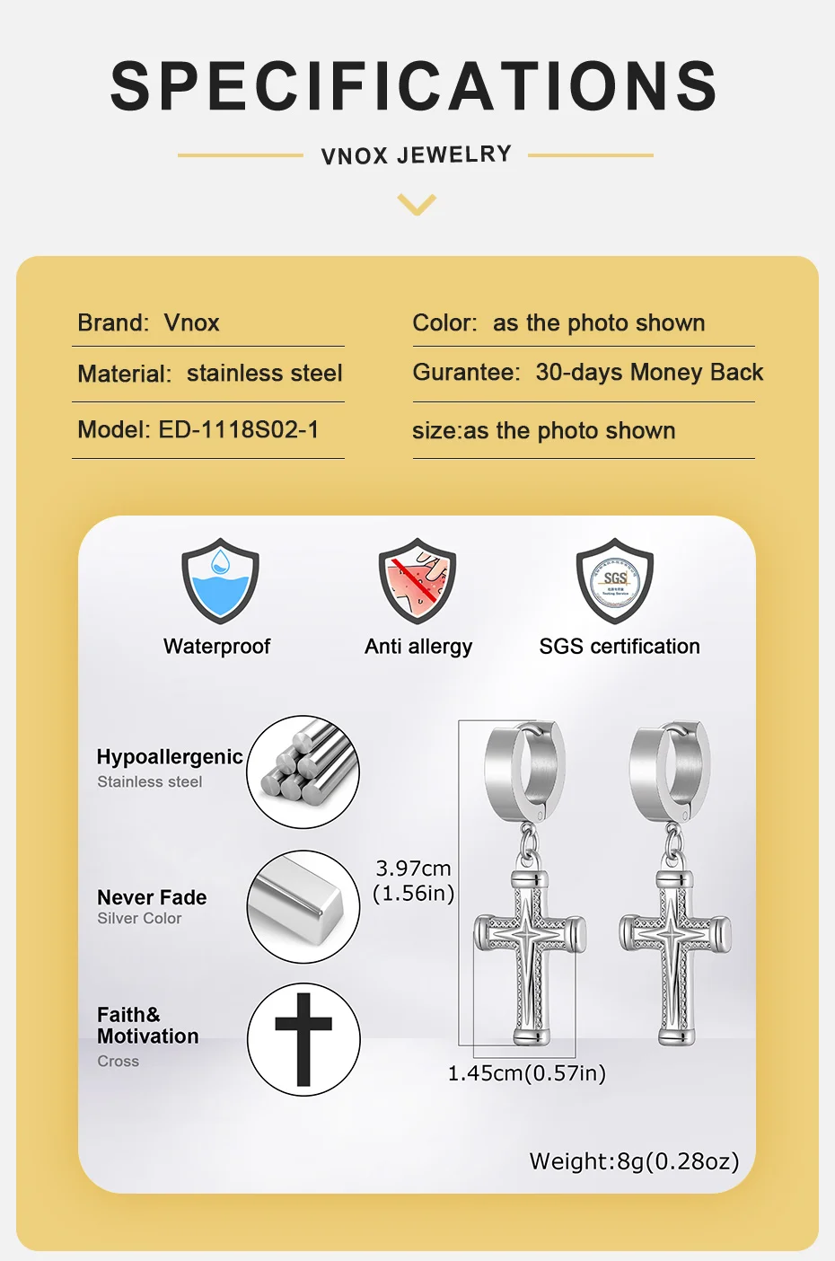 Vnox Kreuz-Creolen für Männer, Edelstahl Silberfarben 4-zackiger Stern Ohrhänger, Hip-Hop Kreuz-Schmuck Geschenk – Detail 4