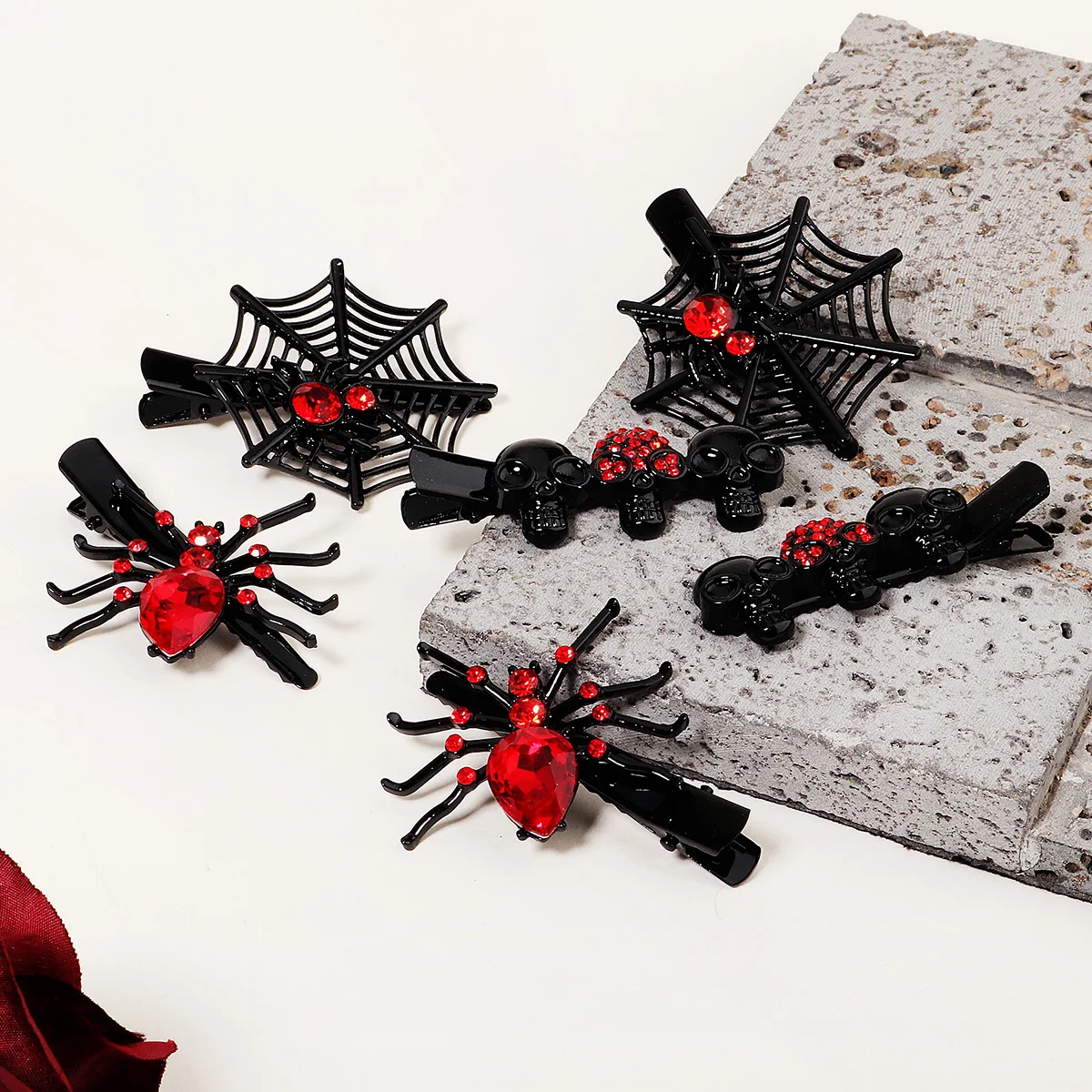 Gothic Punk Schwarze Spinne Tier Fledermaus Halloween Schädel Offenen Finger Ring Party Ring Ohrring Haar Clip Krone Tiara Haar Schmuck – Detail 4
