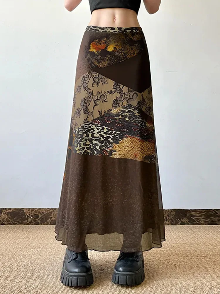 Harajuku Floral Mesh Long Skirt Women Vintage Streetwear Slim Skirts Lady Summer American High Waist Patchwork Retro Long Skirts