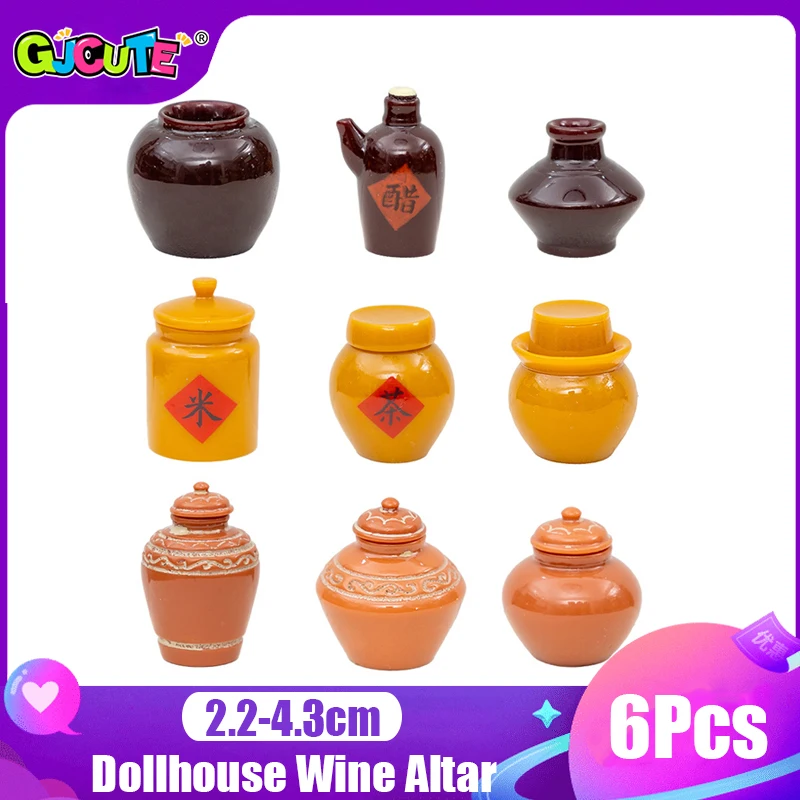 6Pcs/lot 1:12 Doll House Miniature Wine Altar Tea Jar Clay Pot Flowerpot Vase Simulation Model Decor Toy Dollhouse Accessories