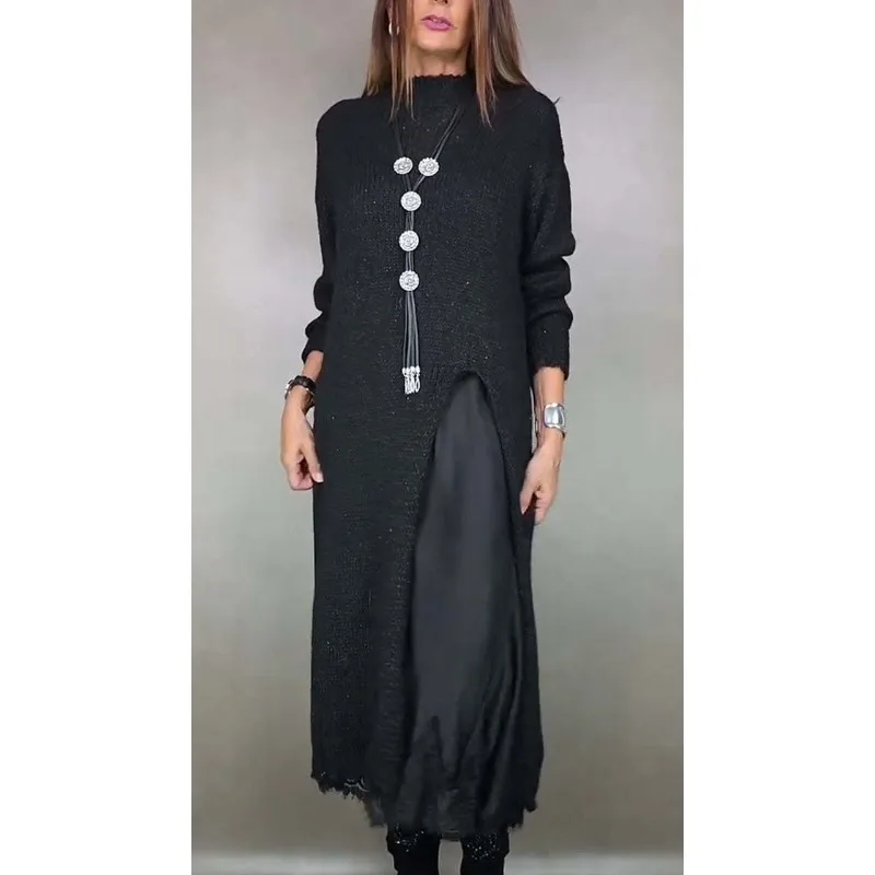 Długa sukienka maxi z patchworkiem i swetrem, damska jesienna sukienka codzienna z stójką na imprezę, eleganckie zestawy sukienek damskich 2025