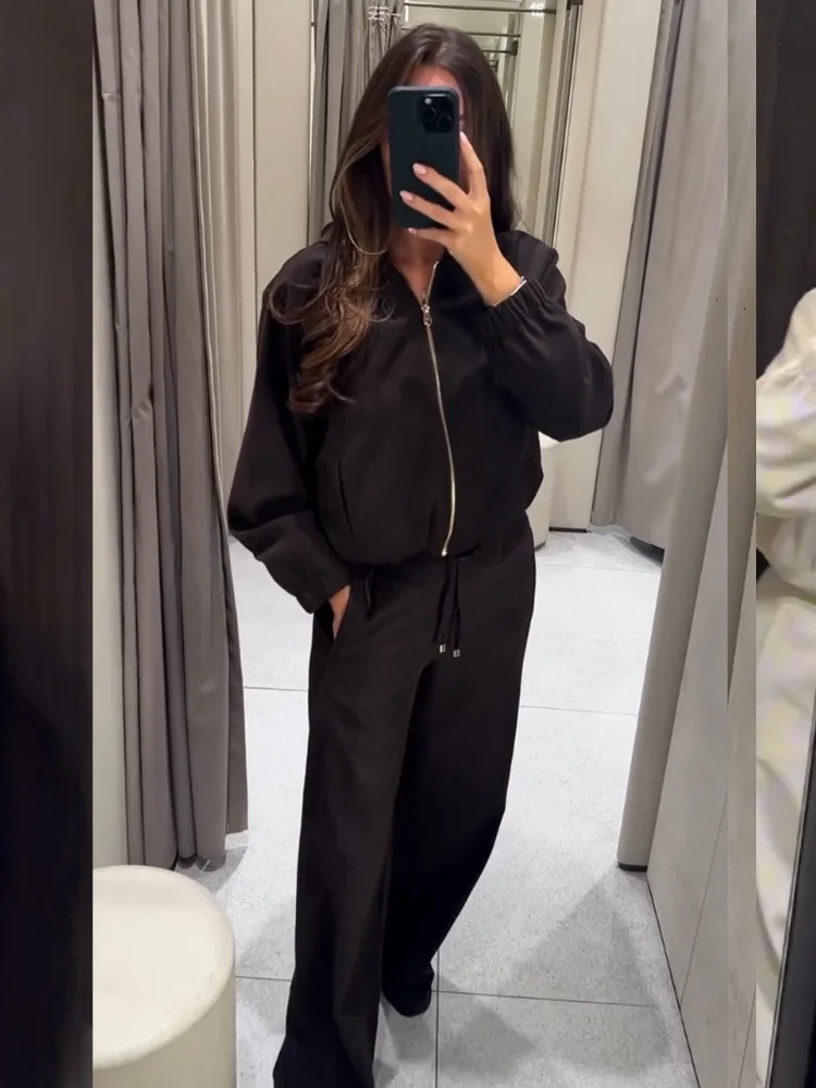 HH Frauen Mode Hosen Anzug Solide Lange Ärmel Tasche Mit Kapuze Zipper Kurze Jacke + Casual Lose Kordelzug Straße Breite bein Hosen