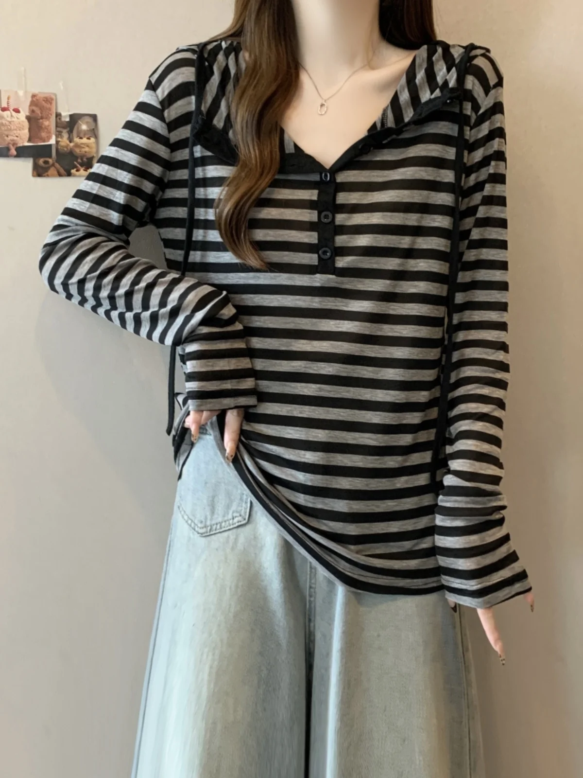 Slimming Striped V-Neck Long Sleeve Hoodie Women's T-Shirt Korean Style Base Shirt Bottoming Top plus Size Cover Belly