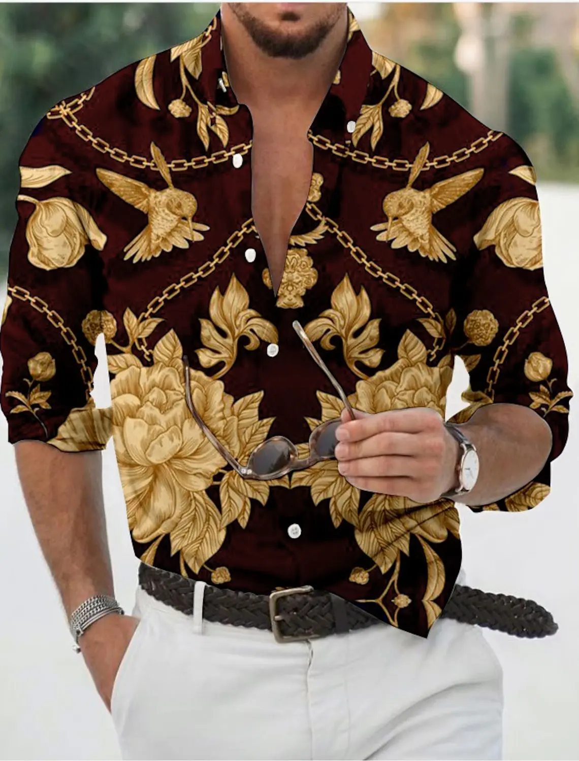 Camisa con estampado de cadenas florales para hombre, camisa con estampado 3D, camisa de manga larga con botones para vacaciones diarias, ropa Vintage