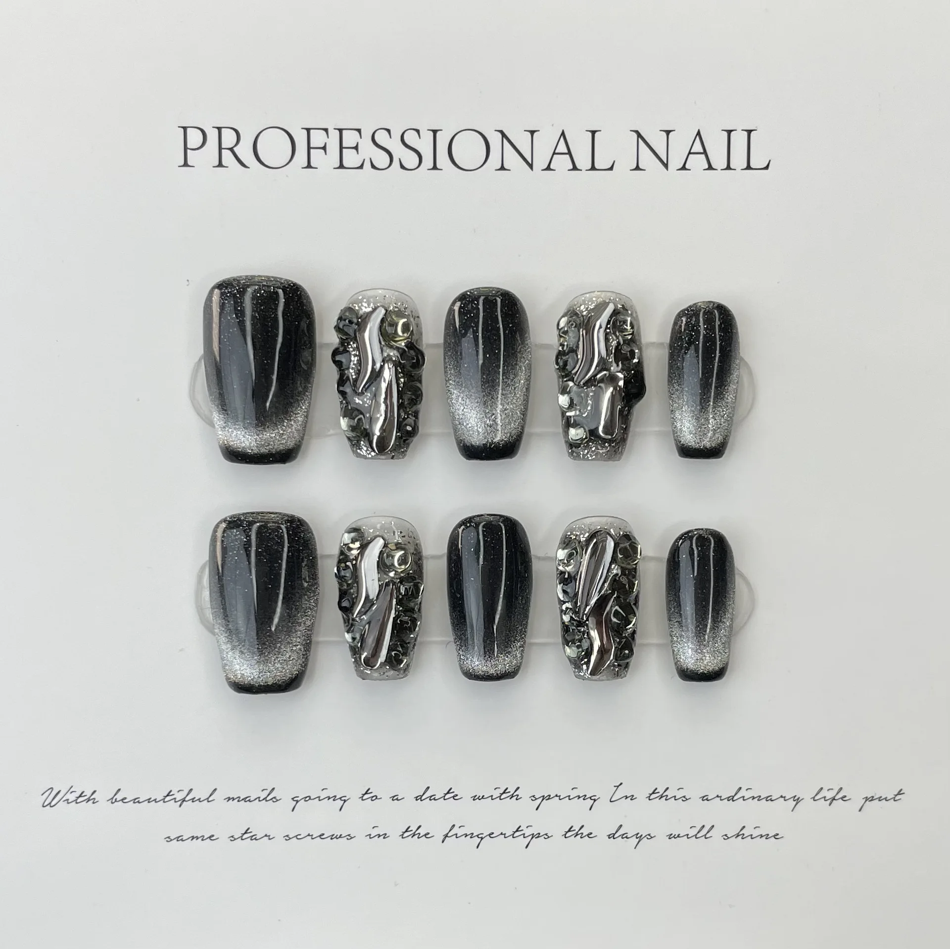 10Pcs Black Fake Handmade Nails with Rhinestone Y2K Cat\'s Eye French Full Cover Nail Art Tips Short Ballet Press on False Nails