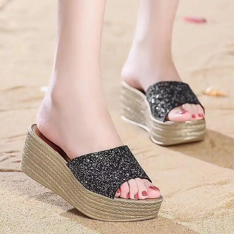 Female Casual Slingbacks Sandals Glitter PU Wedge Platform Comfortable Sandals for Women Summer Sandalias De Mujer 35-40