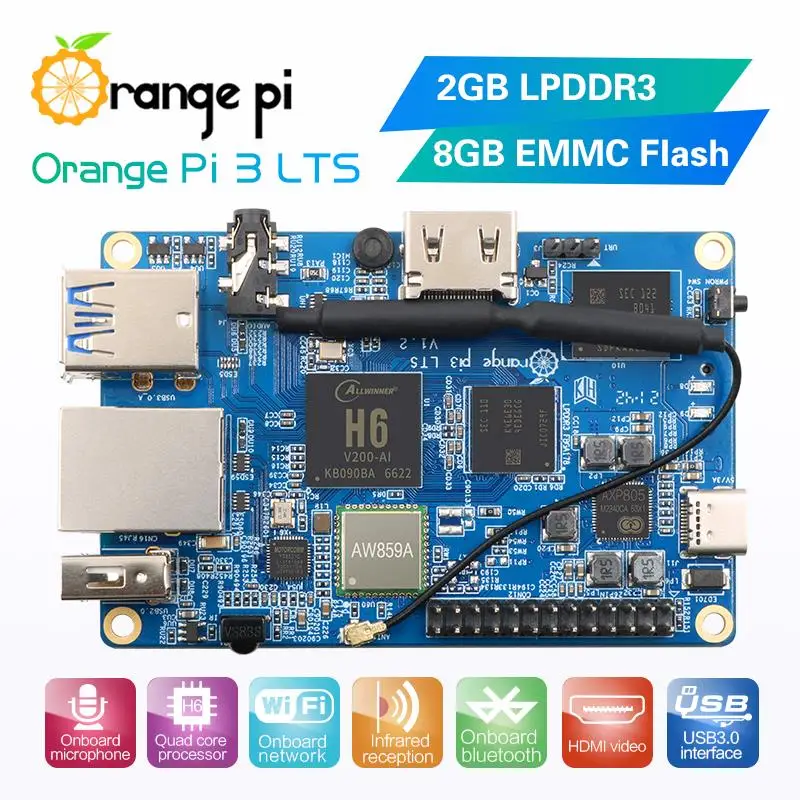 New Orange Pi 3 LTS 2GB RAM 8GB EMMC Flash DDR3 Mini PC Allwinner H6 WiFi+BT5.0 Single Board Computer,Run Android